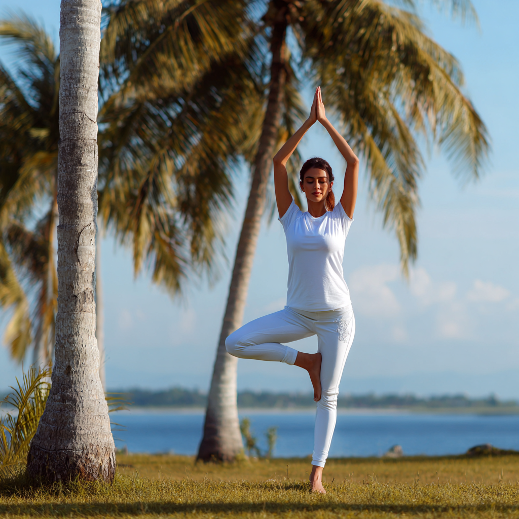 Experience a soft yoga session on the lawn by the beach